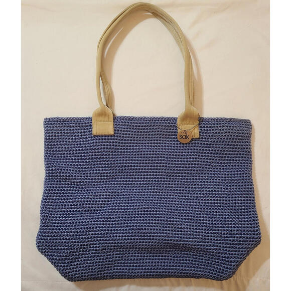 The Sak by Elliott Lucca Hand Crochet Woven Shoulder Handbag Blue Tan Purse Bag - Picture 1 of 12